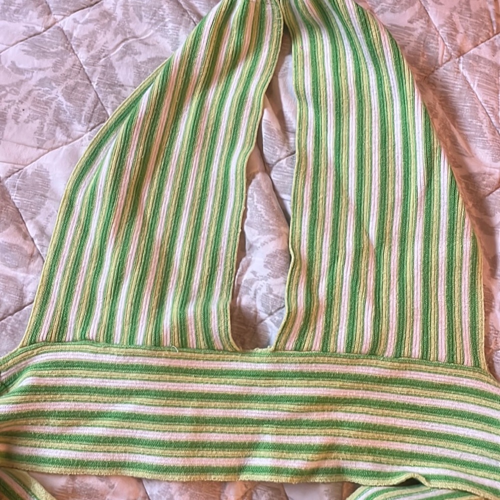 American threads green and white stripped halter too with tie open back large